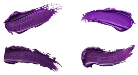 Four purple paint strokes with a glossy texture, isolated on a transparent background