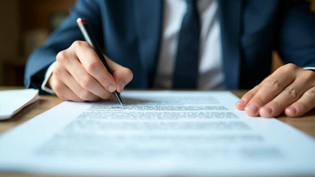 A professional in a suit signs an important document at a desk, symbolizing business and corporate commitments.