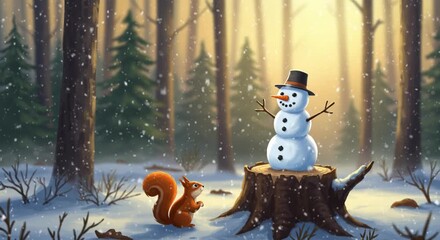 Squirrel looking at snowman on tree stump in snowy forest - Powered by Adobe