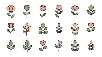 Floral Ensemble: A delicate arrangement of various flower and leaf illustrations, showcasing minimalist designs and vibrant pastel colors on a light backdrop, perfect for elegant graphic needs.