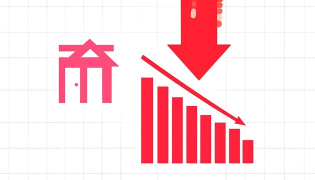 Red bar graph declining, house icon