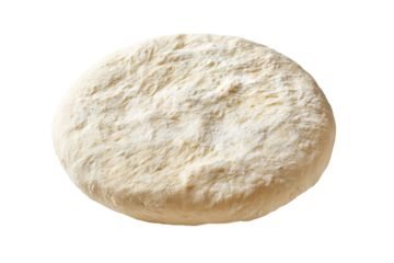 Overhead view of a round ball of unbaked bread dough, lightly dusted with flour.  Its surface is slightly uneven with subtle impressions