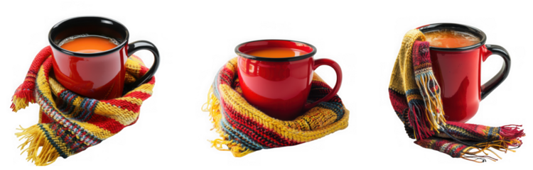 Three red mugs filled with hot beverage, wrapped in colorful knitted scarves, isolated on transparent background