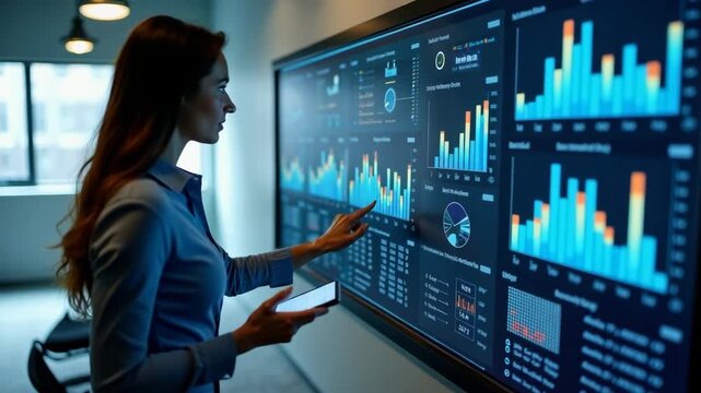 A professional businesswoman engages with an interactive digital screen displaying vibrant analytics graphs and charts in a modern office space, symbolizing data-driven success.