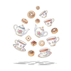 Tiny Floating Tea Party Watercolor Art Printable Wall Decor for Kids Room and Cafe

