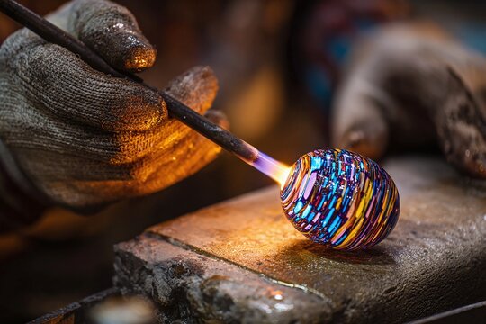 Close-up of a Skilled Glassblower Artist Working on a Molten Multicolored Swirl Art Piece with Intense Heat and Glowing Light

 - Powered by Adobe