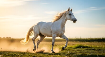 A white horse running through a field with dust kicking up under its hooves in the golden light of sunset