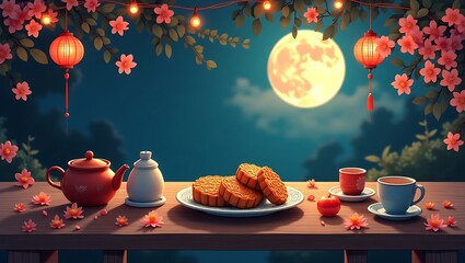 Mid Autumn Festival Celebration with Mooncakes Tea and Lanterns Under a Full Moon Festive Asian Holiday