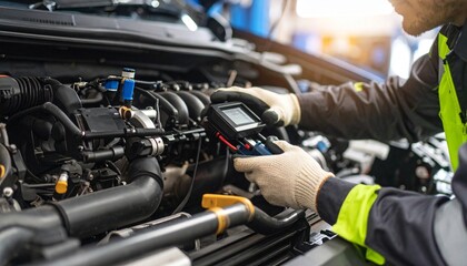 Automotive technician in uniform using a digital multimeter for car engine diagnostics and repair in a service garage