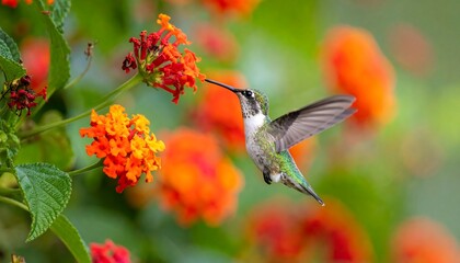 A hummingbird hovers gracefully amidst vibrant clusters of orange and red flowers, showcasing a beautiful display of nature's artistry.