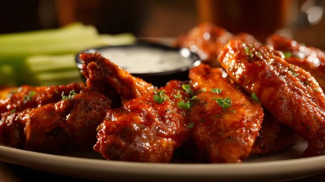 Ultra HD A closeup shot of a plate of delicious buffalo chicken wings with celery sticks and ranch dressing, perfect for a party or game day celebration with friends and family, spicy fried chicken
