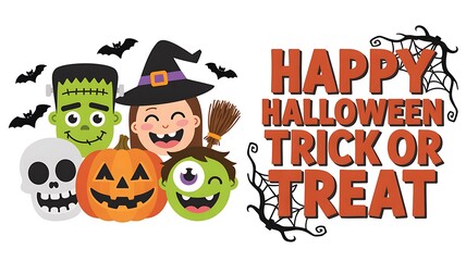Colorful cartoon halloween monster characters with pumpkin, skull, witch, and cyclops face with happy halloween text design