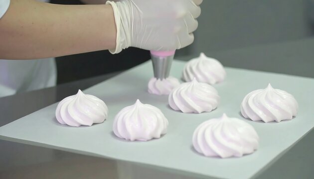 A skilled hand decorates delicate swirls of pastel-colored meringue cookies using a piping bag.