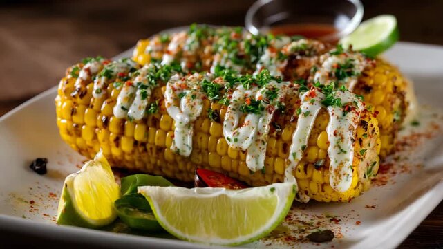 Ultra HD Two grilled Mexican street corn cobs, known as elote, topped with mayonnaise, cheese, chili, lime, and cilantro, served on a plate with a wooden background, corn fry presentation video