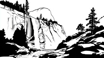 Fototapeta premium Majestic waterfall cascading down rocky cliffs amidst a serene mountain landscape. Lush forest clinging to the slopes