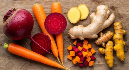 Fresh organic vegetables carrots beets ginger turmeric on wooden table top view raw food