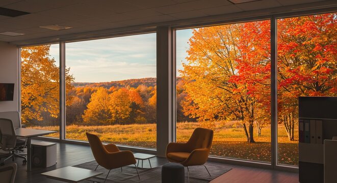 Interior scene featuring a view of autumn foliage through large windows