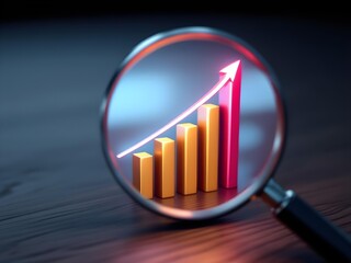 3d render of a magnifying glass with a series of 3d bar charts rising with a subtle upward glowing arrow effect inside the lens.