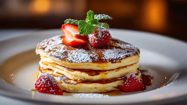 Ultra HD A stack of pancakes drizzled with syrup and dusted with powdered sugar, topped with fresh strawberries and mint on a white plate, perfect for a sweet breakfast treat, pancake video