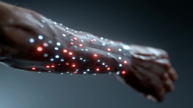 Close-up of glowing smart skin patch revealing advanced technology on human arm health monitoring