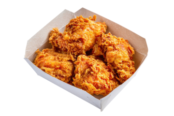 Crispy fried chicken pieces in a cardboard container