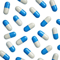 A repeating pattern of white and blue oblong pills.  The pills are slightly glossy and have a bisected appearance