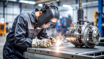 Welder Working on Metal Component in Factory with Protective Gear