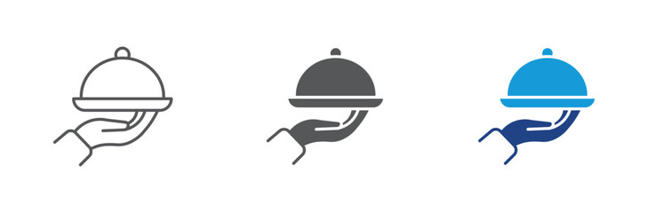 Hand holding tray icon  set , serving dish on a hand, representing food service, hospitality, and restaurant concepts. Vector illustration.