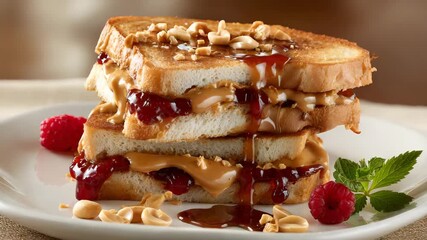 Ultra HD A stack of peanut butter and jelly sandwiches with raspberry, garnished with peanuts on a white plate, showcasing a delicious food presentation, peanut butter and jelly sandwich presentation - Powered by Adobe
