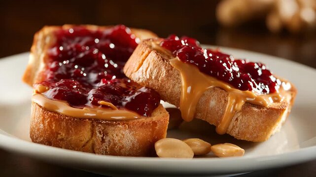 Ultra HD Three slices of peanut butter and jelly toast on a white plate, a simple and delicious snack, featuring fresh ingredients and a homemade touch, peanut butter and jelly sandwich video