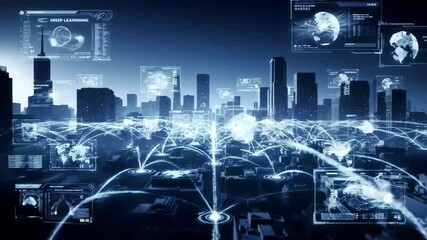 Futuristic city network with overlayed digital data streams - Powered by Adobe