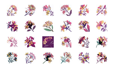 Collection of 24 Beautiful Colorful Flower Illustrations Featuring Daisies, Tulips, Hibiscus, Sunflowers, Plumeria, Roses, Lilies, Lavender, and Mixed Botanical Art Elements in Elegant Hand-Drawn Styl