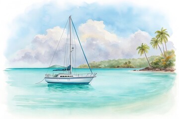 Sailboat on turquoise water near tropical island paradise
