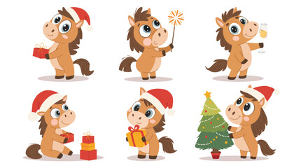 Christmas horse cartoon character set. New Year and Christmas. Gifts, New Year's tree. A cute symbol of 2026. A set of flat vector illustrations in a simple children's style.