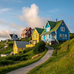 Brightly painted houses stacked on a hill, bursting with vivid colors.