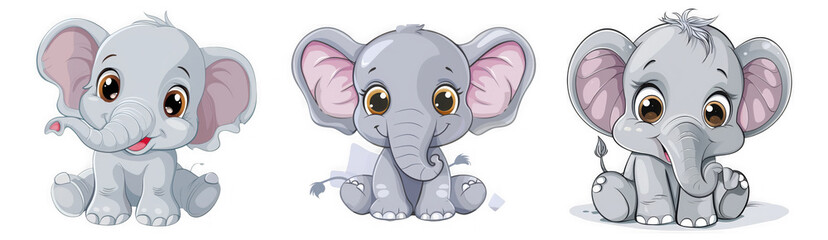 Naklejka premium Three cute cartoon baby elephants sitting and looking forward isolated on transparent background