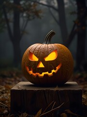 A glowing jack o lantern sitting on a wooden block in a dark forest setting with fallen leaves