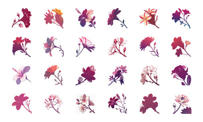 Collection of 24 Beautiful Colorful Flower Illustrations Featuring Daisies, Tulips, Hibiscus, Sunflowers, Plumeria, Roses, Lilies, Lavender, and Mixed Botanical Art Elements in Elegant Hand-Drawn Styl