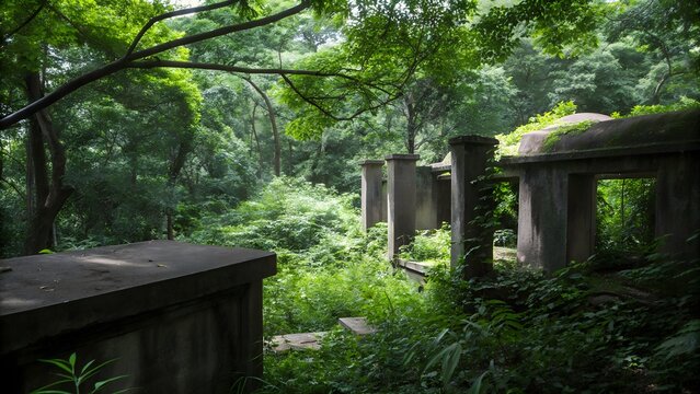 mysterious overgrown ruins in lush forest landscape