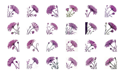 Collection of 24 Beautiful Colorful Flower Illustrations Featuring Daisies, Tulips, Hibiscus, Sunflowers, Plumeria, Roses, Lilies, Lavender, and Mixed Botanical Art Elements in Elegant Hand-Drawn Styl