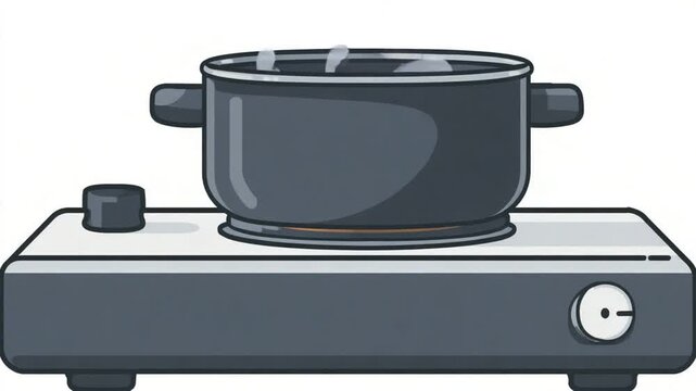 A stylized illustration depicts a pot on a stove, steam rising, set against a white background
