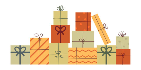 Pile of gifts. Gift boxes with ribbons. Stack of presents for holiday and celebration. Vector