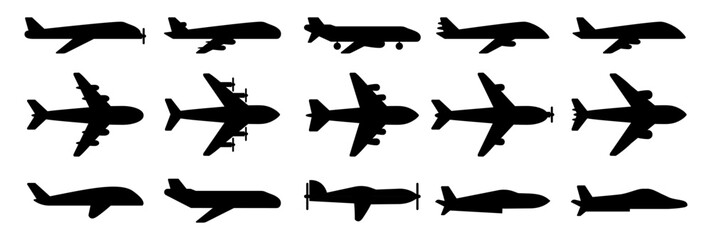 Set of airplane silhouettes. Collection of airplanes isolated on white background. Vector