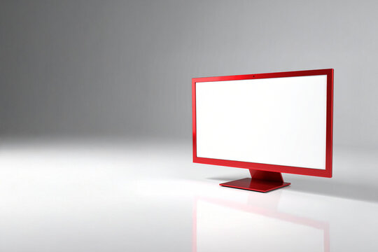 A sleek, vibrant red monitor with a blank white screen is featured on a clean, reflective white surface with a gray gradient background, perfect for tech mockups.