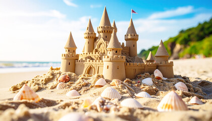 Giant sandcastle with seashells on a sunny beach. AI