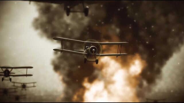 WWI biplanes engage in aerial maneuvers over a smoky battlefield landscape