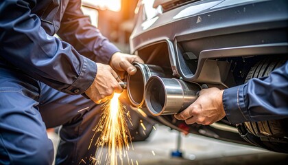 Professional mechanics meticulously repairing an automobile's exhaust system, with sparks illuminating the welding process, demonstrating expert vehicle maintenance and efficient auto service.