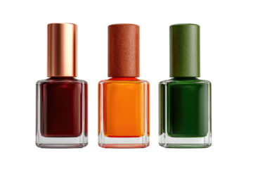 Three square nail polish bottles, in rich autumnal hues