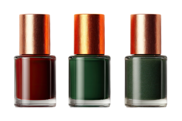 Three nail polish bottles, showcasing deep burgundy, forest green, and a darker shade of green.  Each bottle has a clear glass body and a copper-toned metallic cap.  They are arranged horizontally