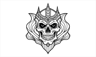 Obraz premium Lich skull vector t shirt design silhouette and vector line art, high-quality illustration ideal for adult coloring books, art therapy, relaxation and stress relief printable designs